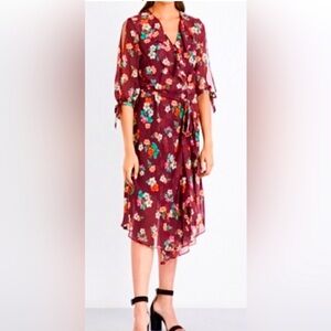 Maje Reselia Burgundy Sheer Floral Chiffon Ruffle Midi Self Tie Wrap Dress TB5